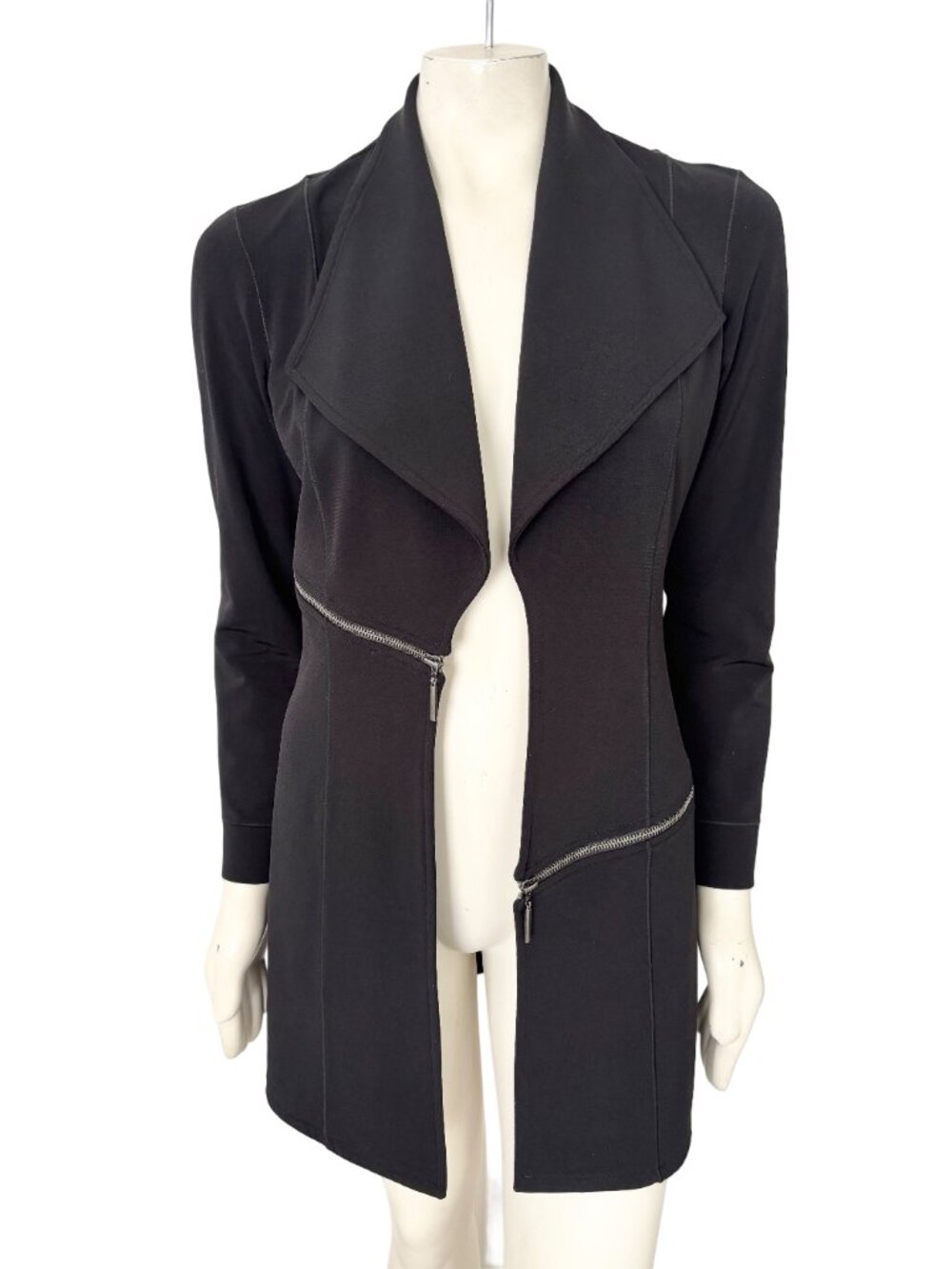 EVA VARRO Barcelona Asymmetric Zipper Open Front Statement Jacket in Black  SZ M